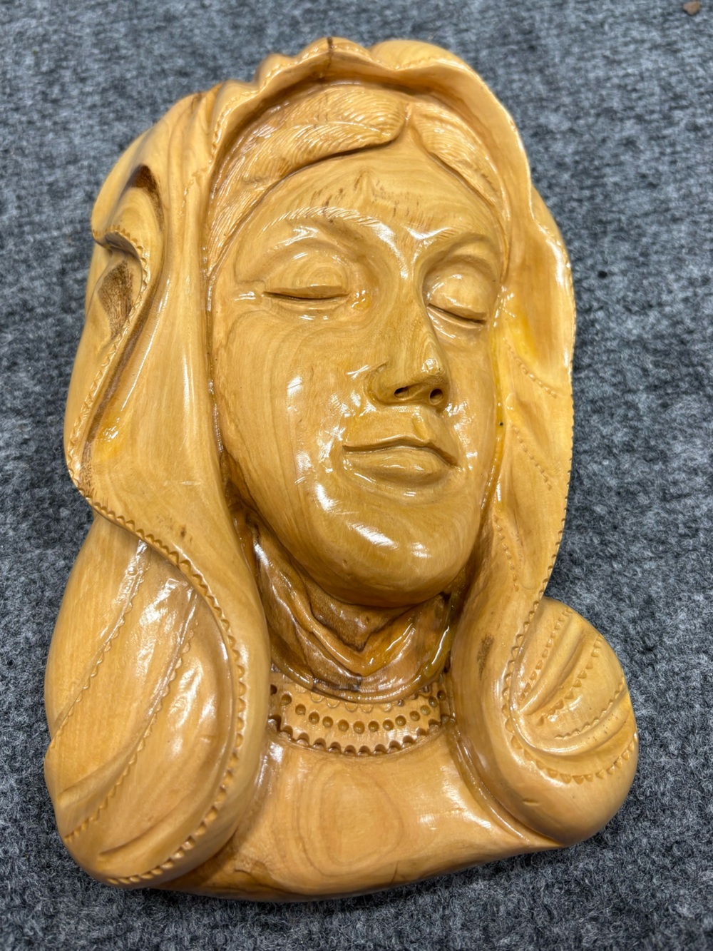 Gorgeous Hand-Carved Olive Wood Virgin Mary Wall Art made in Bethlaham